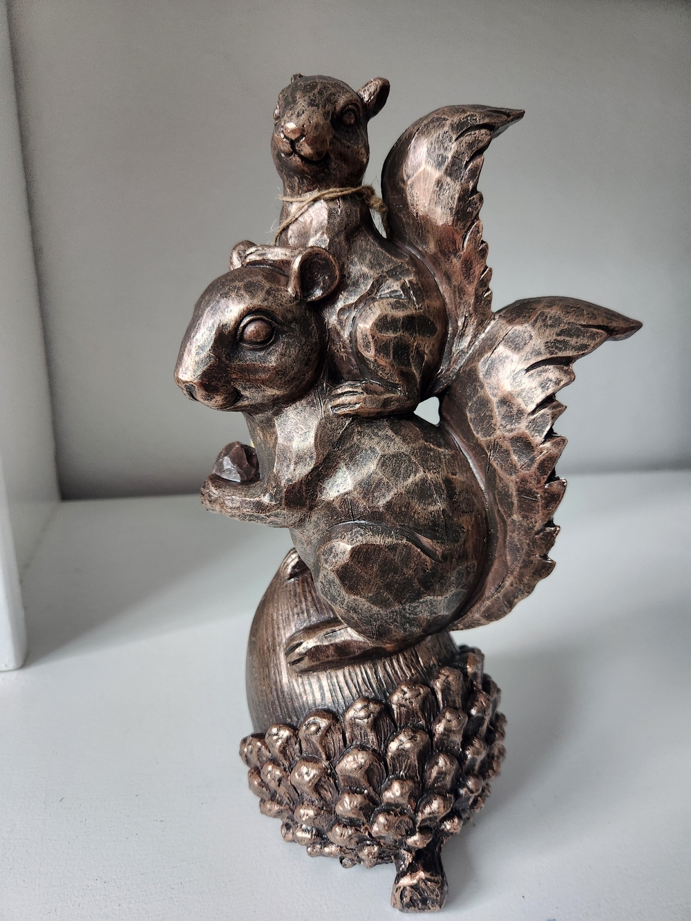 Bronze-Tone Twin Squirrel On Top Of Acorn Resin Figurine Decorative Accent 10 In